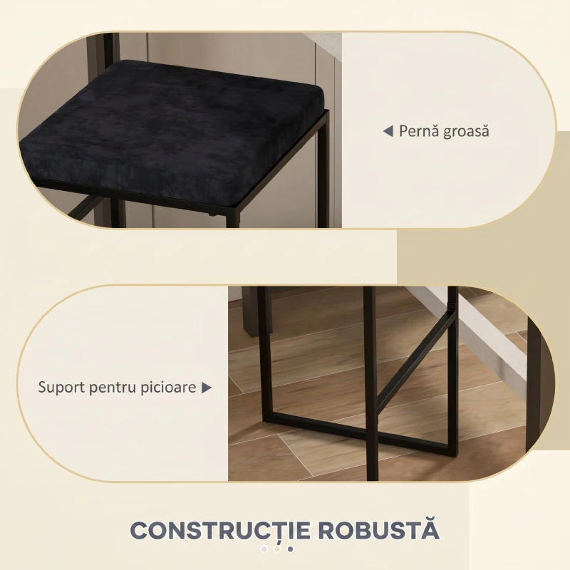 HOMCOM Set 2 scaune de bar industriale cu spătar, suport pentru picioare și șezut tapițat, din oțel și catifea, negre