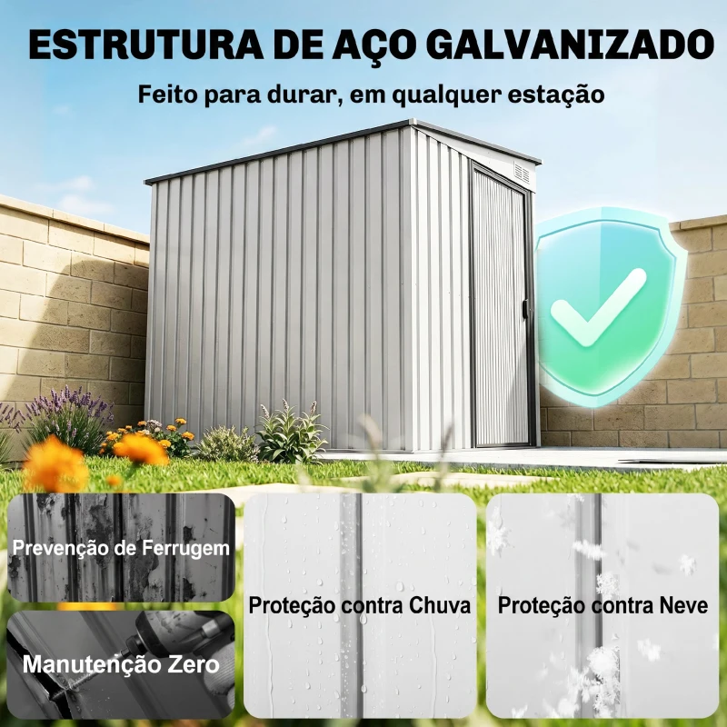 Outsunny Abrigo de Jardim 2,81 m² em Aço Galvanizado com Prateleiras Ajustáveis, Porta de Correr e Kit de Base, Branco