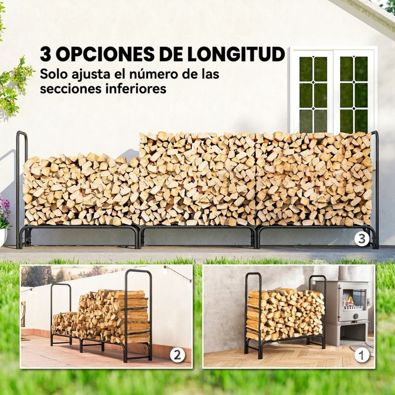 Outsunny Leñero con Cubierta Estante para Interior y Exterior Carga 300kg 300x36x99 cm Verde Oscuro y Negro