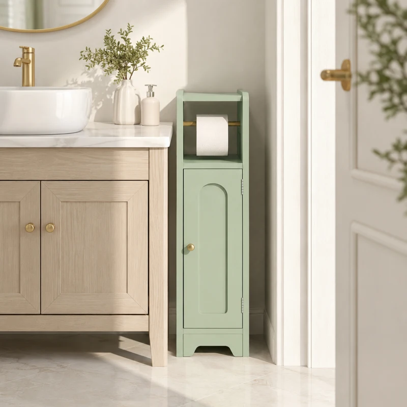 HOMCOM Small Bathroom Storage Cabinet with Toilet Roll Holder - Light Green