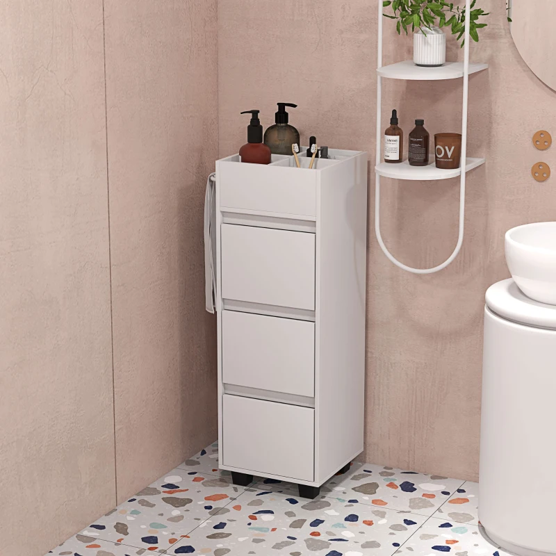 HOMCOM Armário Estreito para Casa de Banho com 3 Gavetas, 4 Compartimentos Superiores e Toalheiro 35x30x90 cm Branco