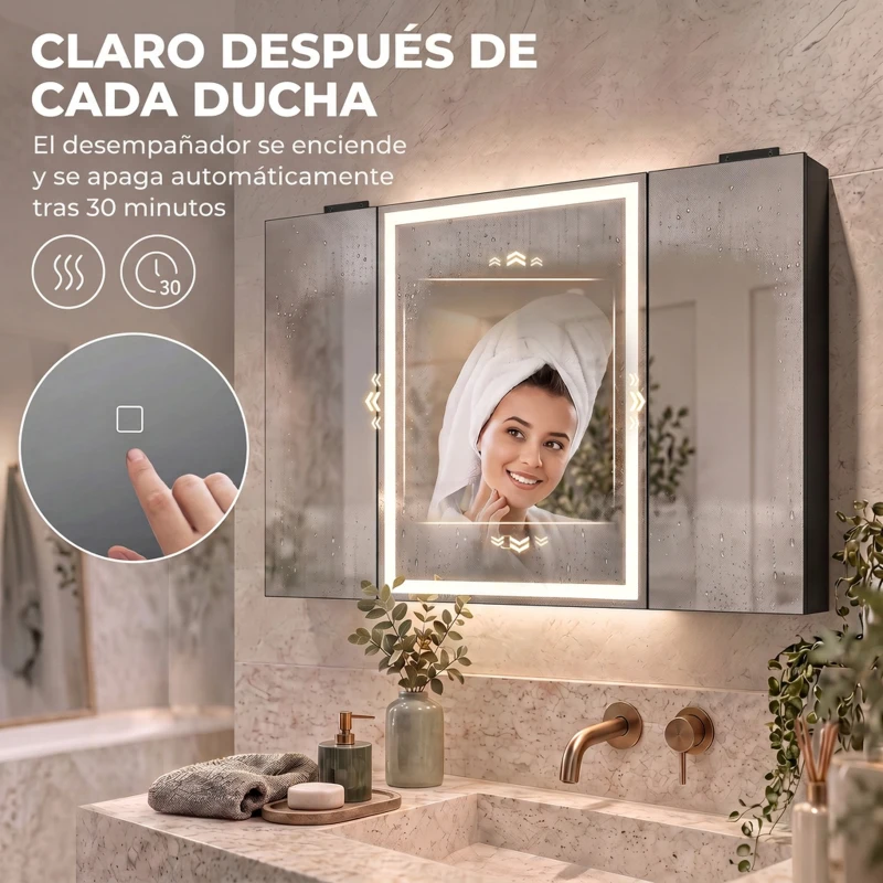 HOMCOM Armario de Baño con Espejo de LED Toma de Corriente 3 Puertas Antivaho Estantes Ajustables de Vidrio Templado Negro