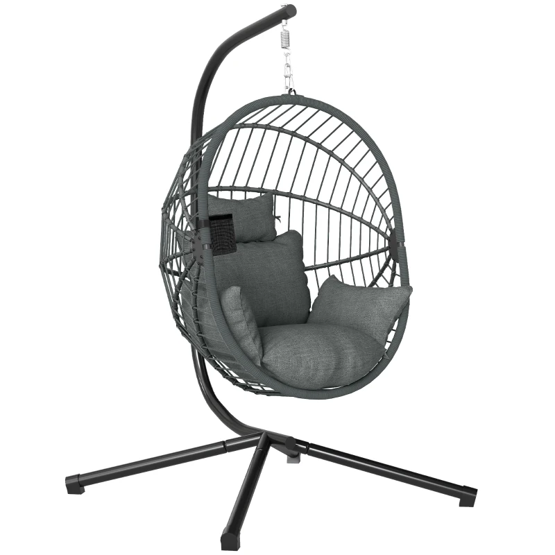 Outsunny Fauteuil œuf suspendu, chaise hamac balançoire intérieur et extérieur, panier pliable, coussin rembourré, gris