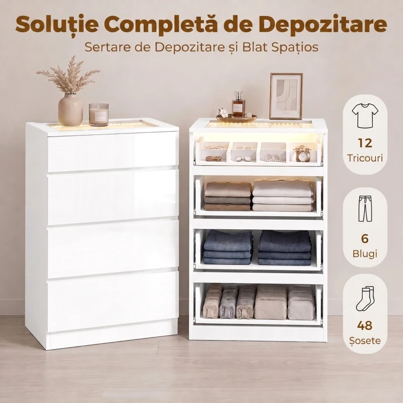 HOMCOM Comodă Modernă cu 4 Sertare și Lumini LED, 60x40x90 cm, Albă