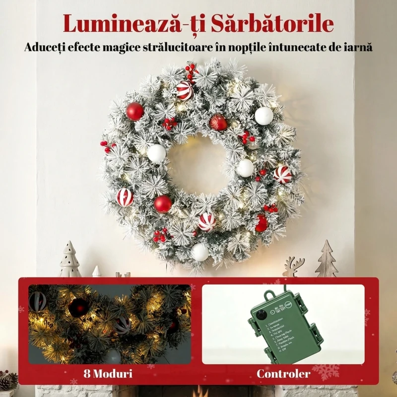HOMCOM Coroniță de Crăciun Înzăpezită, 60 cm, cu Lumini LED, 8 Moduri, 140 Ramuri, 8 Fructe Roșii și 15 Globuri Decorative, Verde