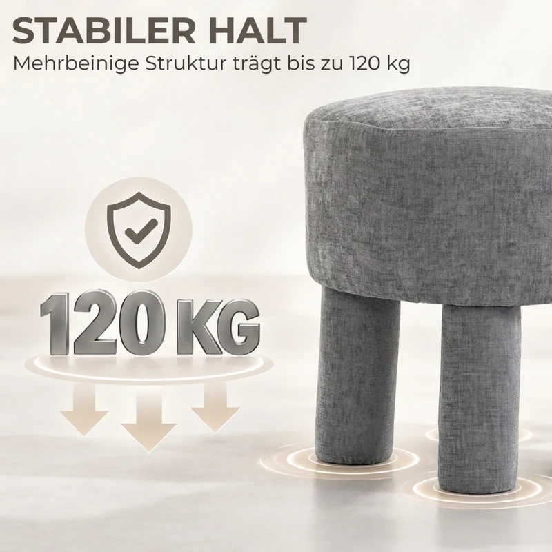HOMCOM Fußhocker aus modernem Chenille Polsterhocker mit Holzbeinen 43 cm Hellgrau
