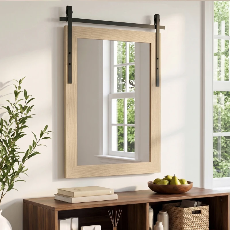 HOMCOM 110 x 66 cm Rectangle Mirror, Farmhouse Wall Mirror for Living Room, Bedroom, Hallway, White Oak