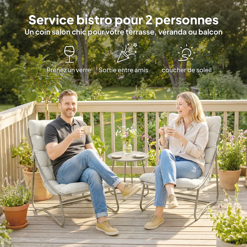 Outsunny Salon bistro 3 pièces pour 2 personnes, table ronde et chaises d'extérieur avec assise en textilène et coussins, gris clair