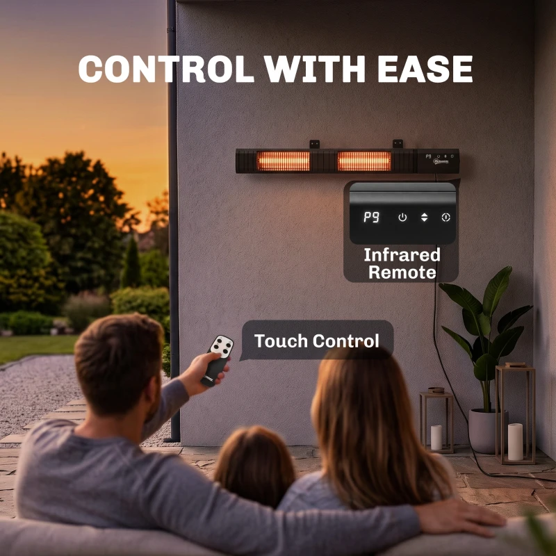Outsunny 3000 W Electric Infrared Patio Heater, Wall Mounted IP65 Garden Heater with 9 Heat Settings, 24 H Timer, Black