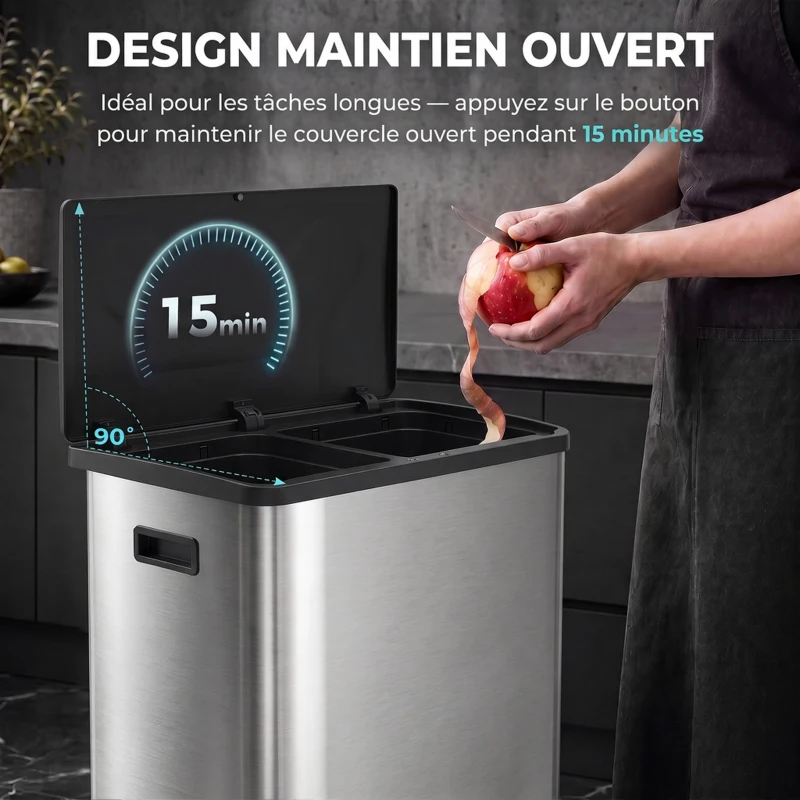 HOMCOM Poubelle de Cuisine Automatique 60 L, Poubelle à Double Compartiment, Capteur de Mouvement, Seaux Amovibles, Argent