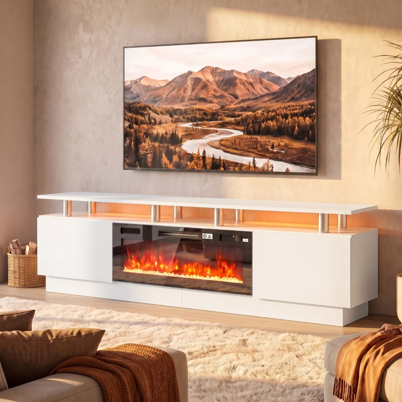 HOMCOM Meuble TV avec Cheminée Électrique 203cm avec Éclairage LED Fausse Cheminée Décorative 900/1800W Effet Flamme 3D Blanc