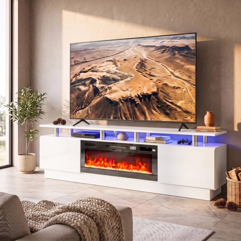 HOMCOM Meuble TV avec Cheminée Électrique 203cm avec Éclairage LED Fausse Cheminée Décorative 900/1800W Effet Flamme 3D Blanc