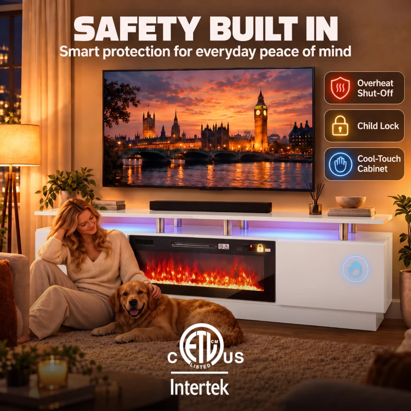 HOMCOM Meuble TV avec Cheminée Électrique 203cm avec Éclairage LED Fausse Cheminée Décorative 900/1800W Effet Flamme 3D Blanc