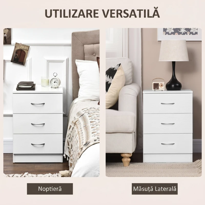HOMCOM Noptieră pentru Dormitor cu 3 Sertare, 40X35x58 cm, Albă