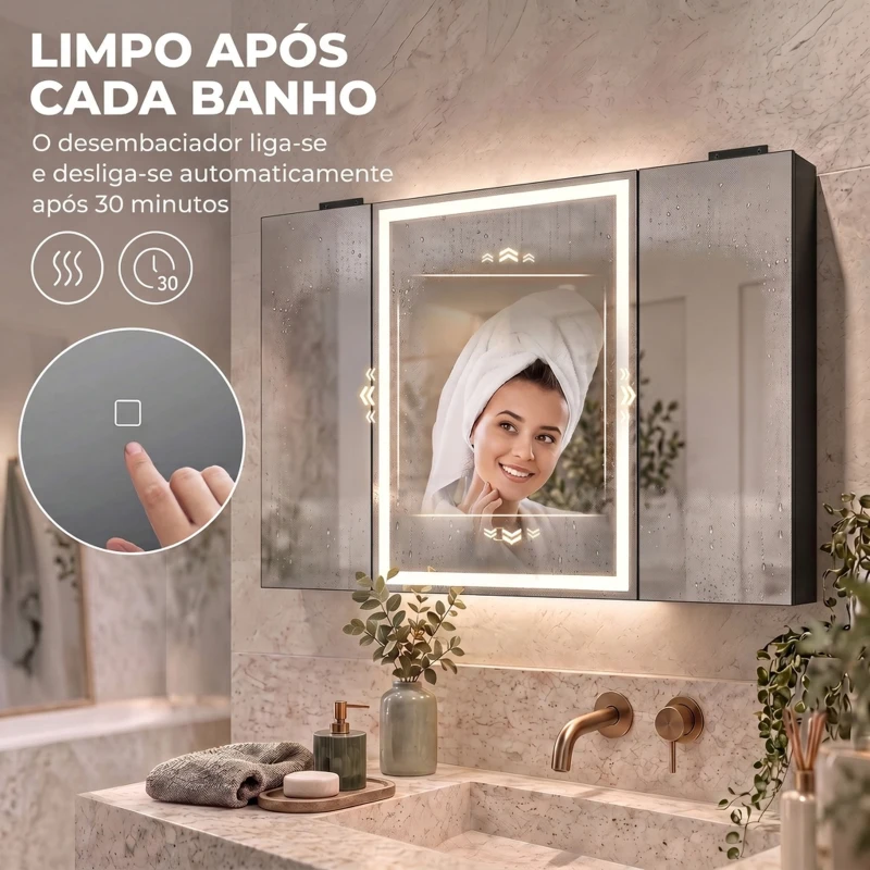 HOMCOM Armário de Casa de Banho com Espelho LED Tomada 3 Portas Antiembaciamento e Prateleiras Ajustáveis Preto