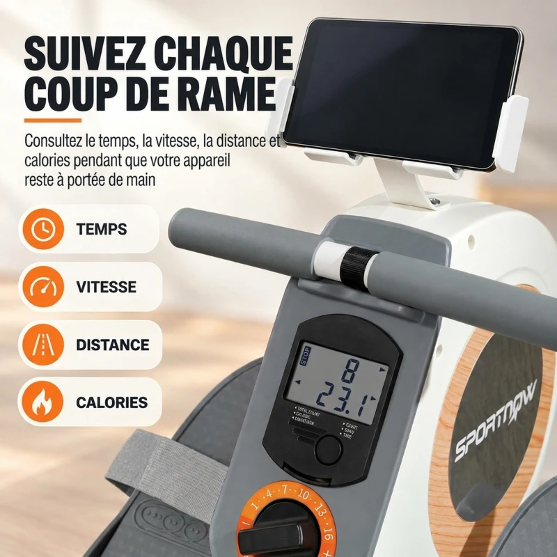 SPORTNOW Rameur magnétique 16 niveaux avec écran LCD et support de téléphone, rangement vertical, pour l'entraînement à domicile
