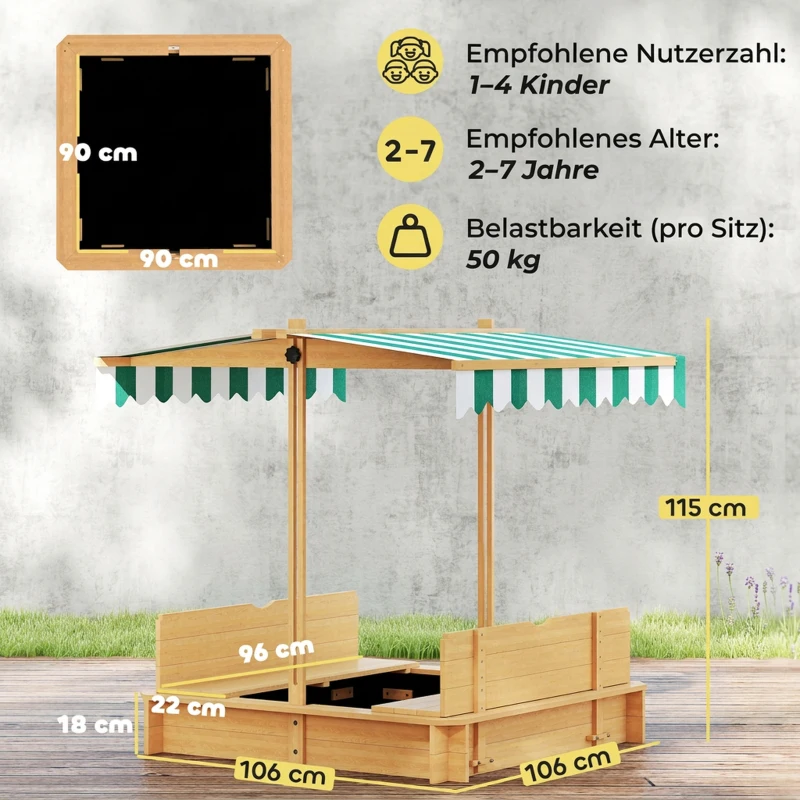 Outsunny Sandkasten 106x106 cm Kinder Sandbox aus Holz mit höhenverstellbar Abdeckung Sitzbänken Rücklehnen Hellbraun