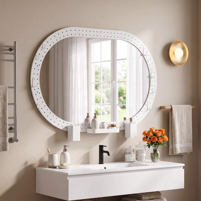 HOMCOM Oval Wall Mirror, 60 x 90 cm Decorative Hanging Mirror with Pegboard Frame, Wall-Mounted, White