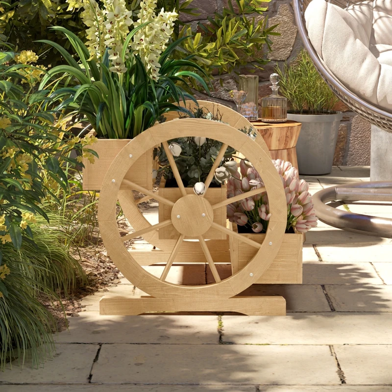 Outsunny Verhoogd plantenbed, 3 niveaus, wagenwiel-decor, natuurhout, 62 x 61 x 57 cm