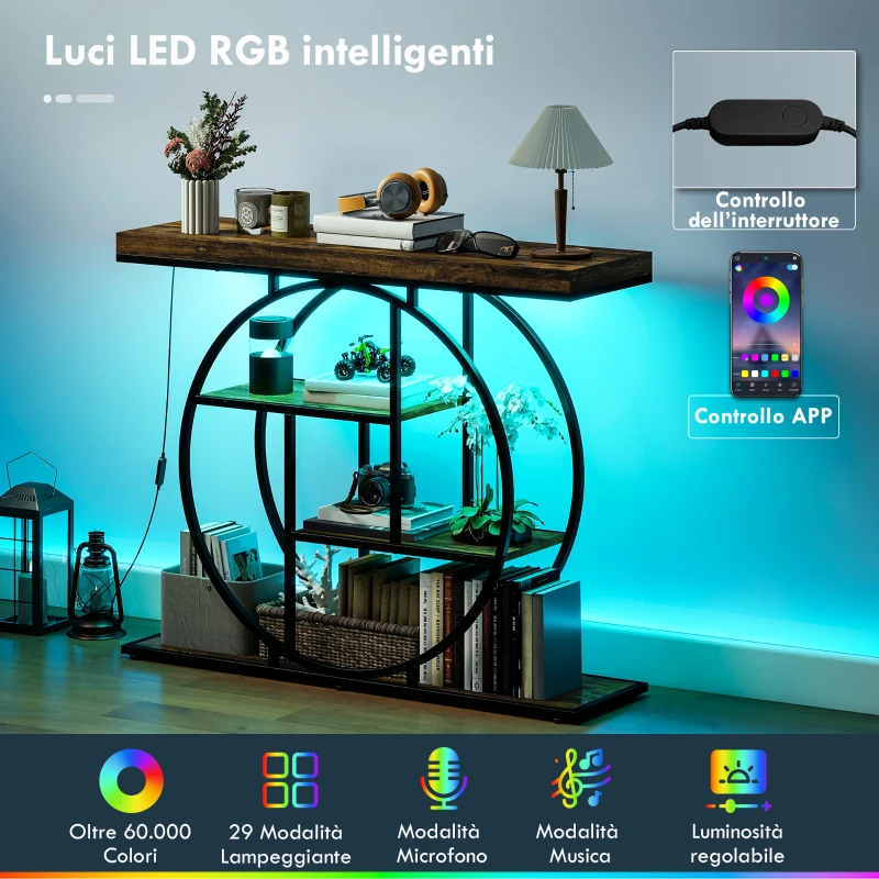 HOMCOM Consolle Ingresso Industriale Luci LED Regolabili, Controllo App, Piano Spesso, Telaio Circolare, Marrone Rustico