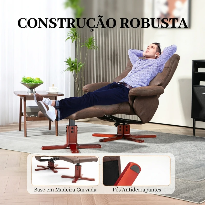 HOMCOM Poltrona Reclinável com Apoio para os Pés Estofada em Tecido Técnico Estrutura de Madeira Função Basculante Castanho Escuro