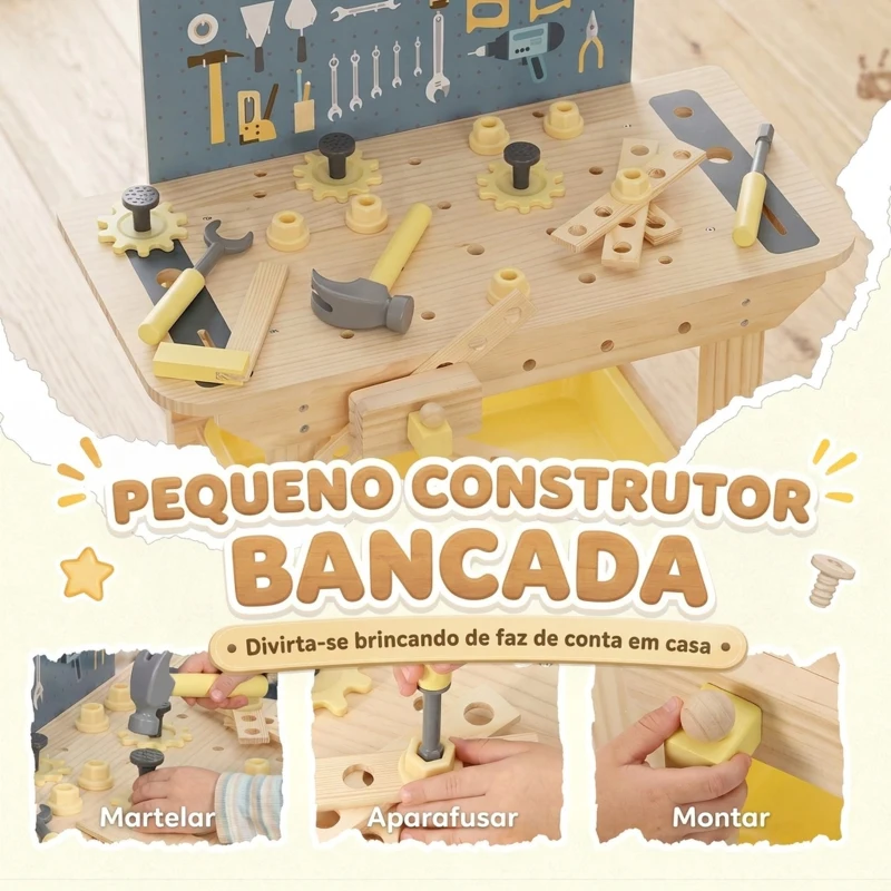 AIYAPLAY Bancada de Ferramentas Infantil em Madeira com 28 Acessórios, Brinquedo de Construção, Natural, 3-8 Anos