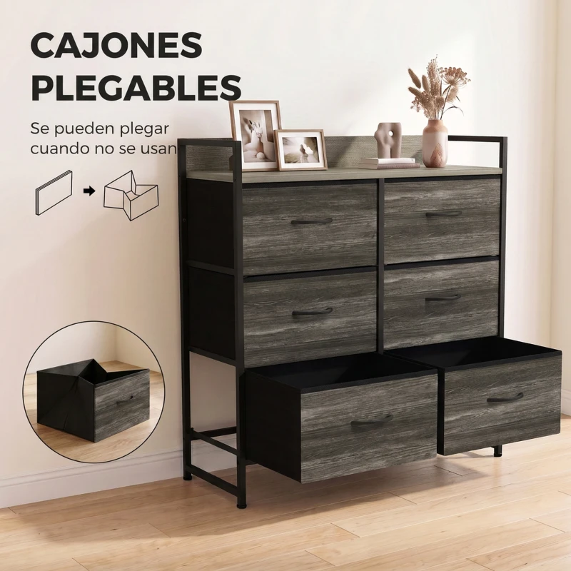 HOMCOM Cómoda con 6 Cajones Plegables Cajonera de Tela con Estructura de Acero Estilo Industrial 79x29x85 cm Gris