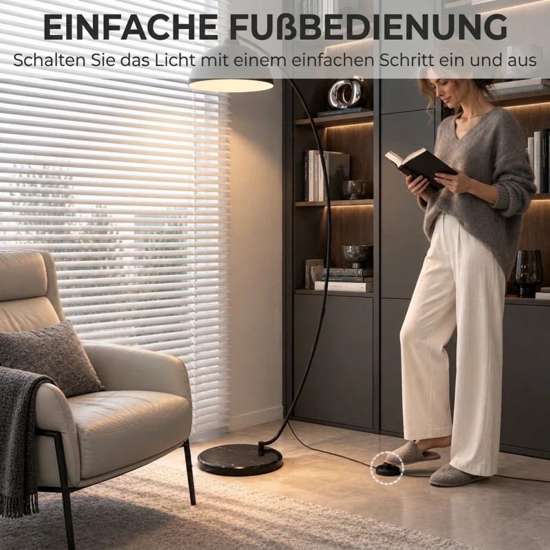 HOMCOM C-förmige Stehlampe, moderne Bogenlampe mit schalenförmigem Reflektorschirm, Fußschalter und Marmorsockel, Schwarz