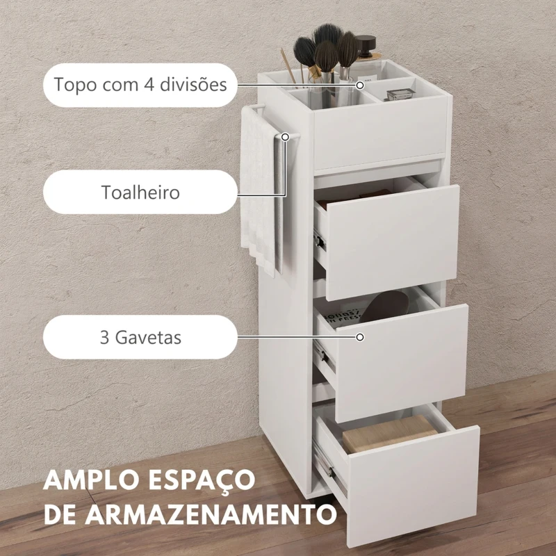 HOMCOM Armário Estreito para Casa de Banho com 3 Gavetas, 4 Compartimentos Superiores e Toalheiro 35x30x90 cm Branco