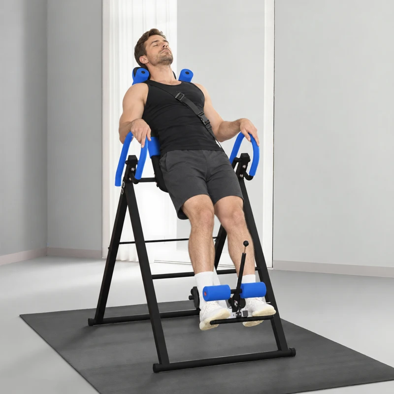 HOMCOM Tabla de Inversión Plegable con Inclinación hasta 90° y Cinturones de Seguridad 79x114x153 cm Azul y Negro
