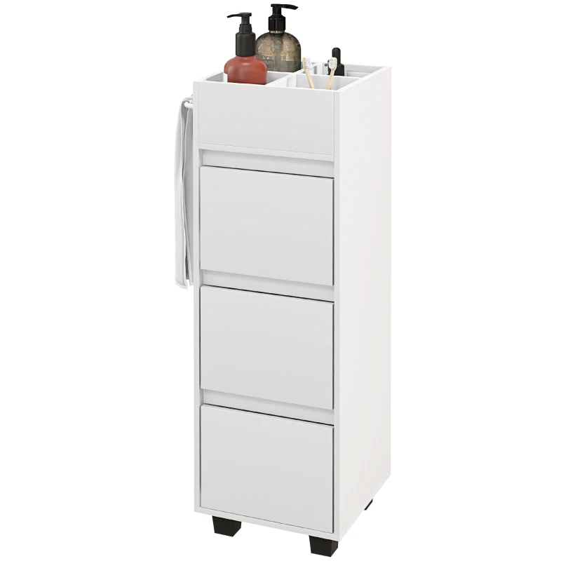 HOMCOM Armário Estreito para Casa de Banho com 3 Gavetas, 4 Compartimentos Superiores e Toalheiro 35x30x90 cm Branco