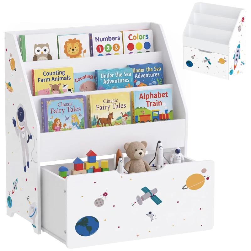 AIYAPLAY Libreria per bambini con cassetto mobile, 3 ripiani, 3-8 anni, bianco