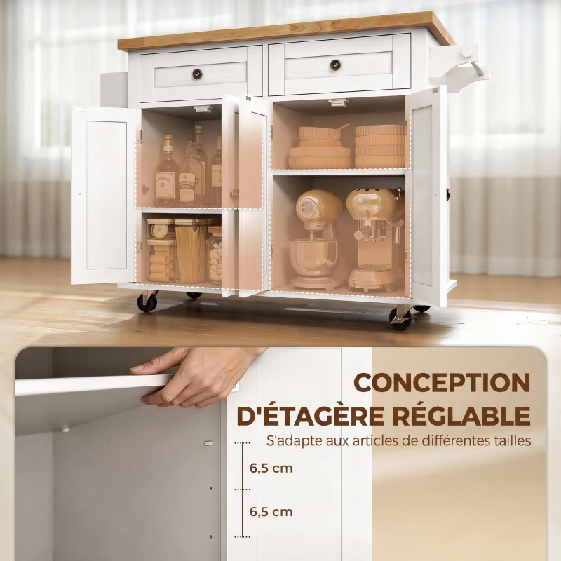 HOMCOM Îlot Central Cuisine avec Plateau en Hévéa, Desserte de Cuisine sur Roulettes avec 2 Tiroirs, 111 x 44,5 x 82,5cm, blanc
