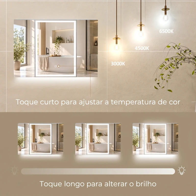 HOMCOM Armário de Casa de Banho com Espelho LED, Tomada Integrada, 3 Portas, Antiembaciamento e Prateleiras Ajustáveis em Vidro Temperado, Branco