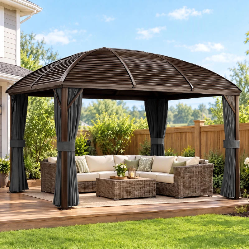 Outsunny 3 x 4m Hardtop Gazebo Canopy with Metal Roof, Aluminium Gazebo Permanent Pavilion with Netting and Curtains, Dark Grey