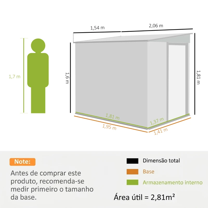 Outsunny Abrigo de Jardim Exterior 2,81 m² em Aço Galvanizado com Prateleiras Ajustáveis, Porta de Correr e Kit de Base, Cinzento Escuro