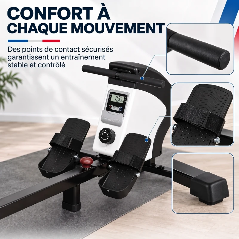 Rameur d'appartement pliable - Aosom.fr x FFHandball - 8 niveaux de résistance magnétique, écran LCD - acier noir blanc