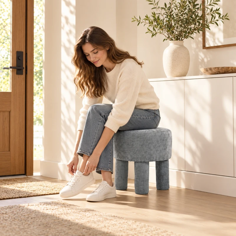 HOMCOM Fußhocker aus modernem Chenille Polsterhocker mit Holzbeinen 43 cm Hellgrau