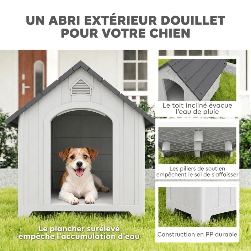PawHut Niche pour chien extérieur, maison chien en polypropylène imperméable ventilé plancher surélevé 66x55x65cm gris clair