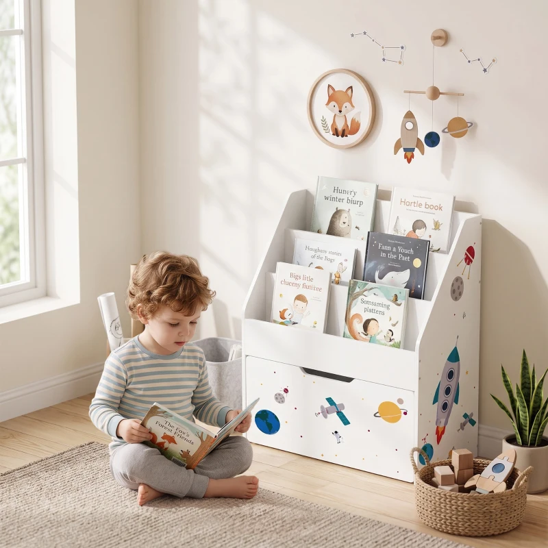 AIYAPLAY Libreria per bambini con cassetto mobile, 3 ripiani, 3-8 anni, bianco