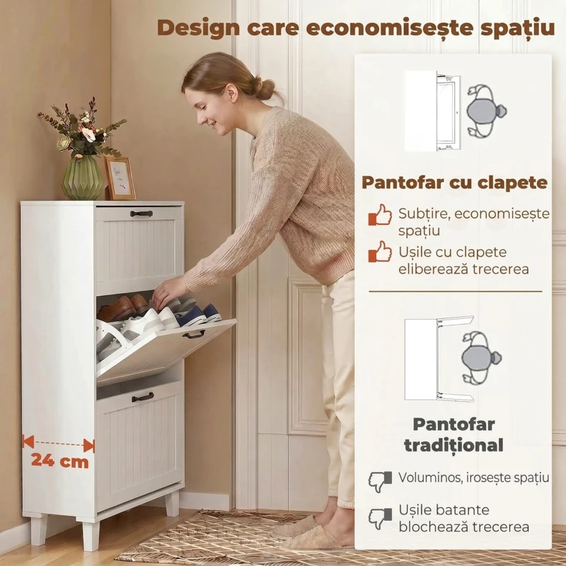 HOMCOM Dulap pentru încălțăminte, 3 sertare rabatabile, rafturi reglabile, îngust, Alb.