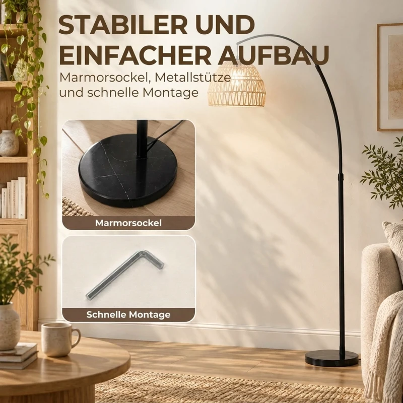 HOMCOM Bogen-Stehlampe mit doppeltem Papierseil-Schirm, Fußschalter, höhenverstellbar, Marmorfuß, Schwarz