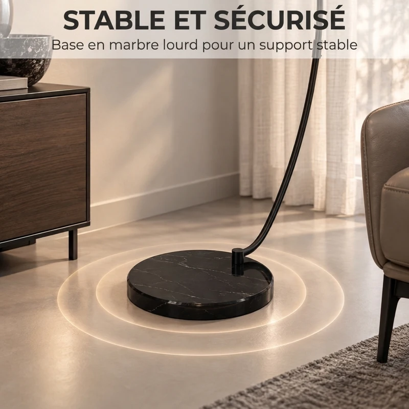 HOMCOM Lampadaire en C, Lampe Sur Pied Salon 178H cm, Abat‑Jour Réfléchissant, Interrupteur au Pied, Base en Marbre, Noir