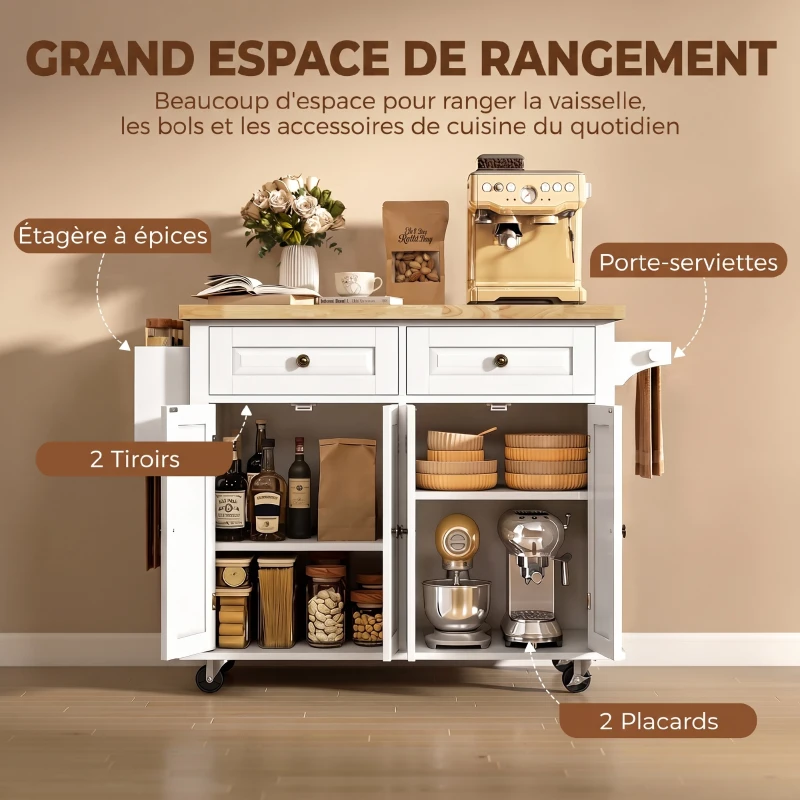 HOMCOM Îlot Central Cuisine avec Plateau en Hévéa, Desserte de Cuisine sur Roulettes avec 2 Tiroirs, 111 x 44,5 x 82,5cm, blanc