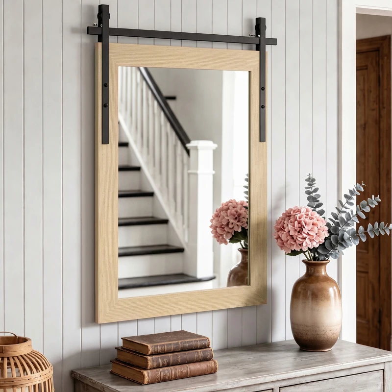 HOMCOM 110 x 66 cm Rectangle Mirror, Farmhouse Wall Mirror for Living Room, Bedroom, Hallway, White Oak