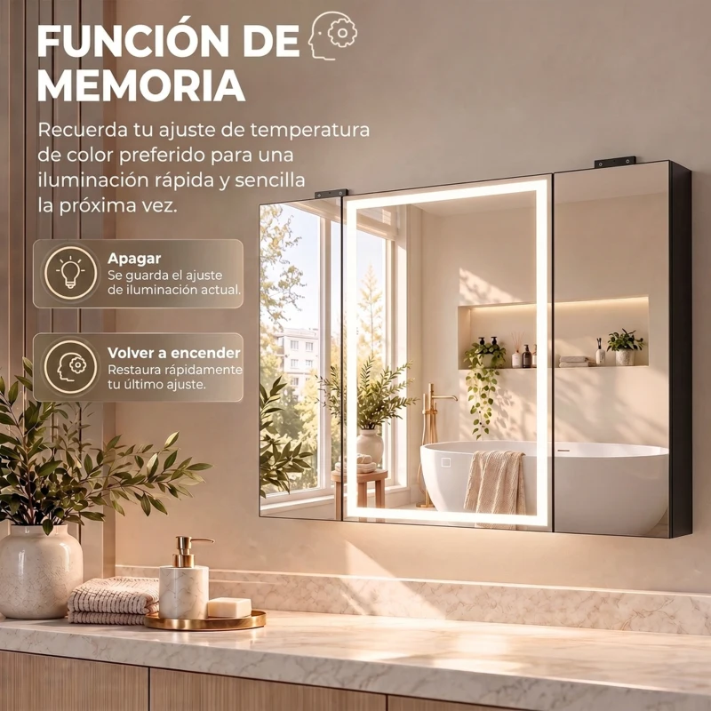 HOMCOM Armario de Baño con Espejo de LED Toma de Corriente 3 Puertas Antivaho Estantes Ajustables de Vidrio Templado Negro