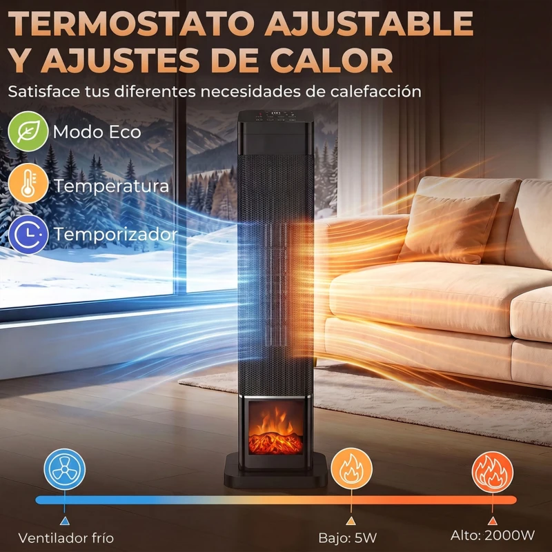 HOMCOM Calefactor Eléctrico Cerámico PTC 2000W con 4 Modos Llama Dinámica Mando Oscilación 70° Protección Sobrecalentamiento
