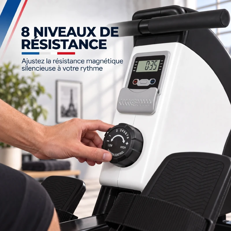 Rameur d'appartement pliable - Aosom.fr x FFHandball - 8 niveaux de résistance magnétique, écran LCD - acier noir blanc