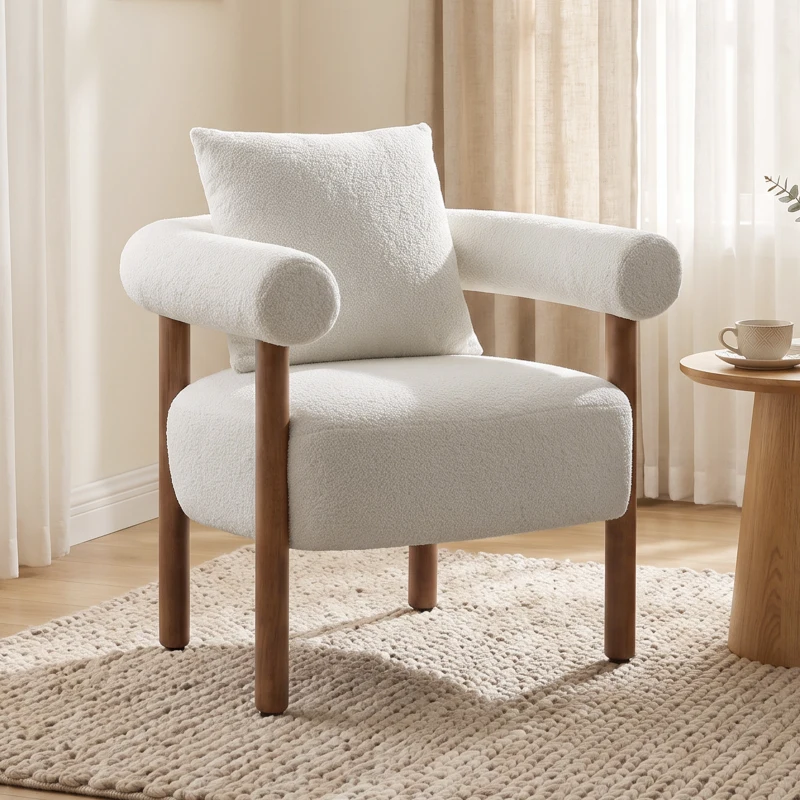 HOMCOM Poltrona em Tecido Teddy para Sala com Almofada Lombar, Assento Espesso e Estrutura em Madeira, Creme