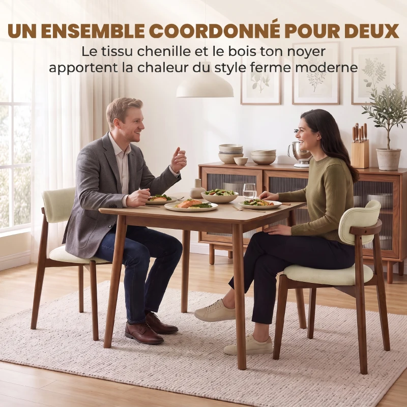 HOMCOM Lot de 2 Chaises Salle à Manger, Chaises de Cuisine en Chenille avec Dossier Incurvé, Assise Rembourrée, Beige